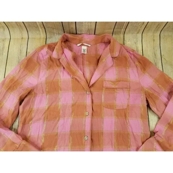Victoria's Secret Women’s Long Sleeve Button-Up Pajama Romper S Pink Plaid B19 - Picture 2 of 9
